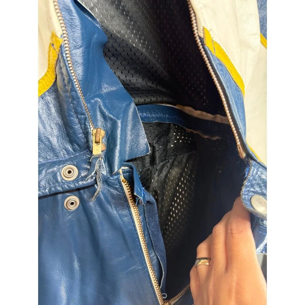 Vintage Leather Motorcycle Racing Suit Blue White Yellow handmade Jumpsuit